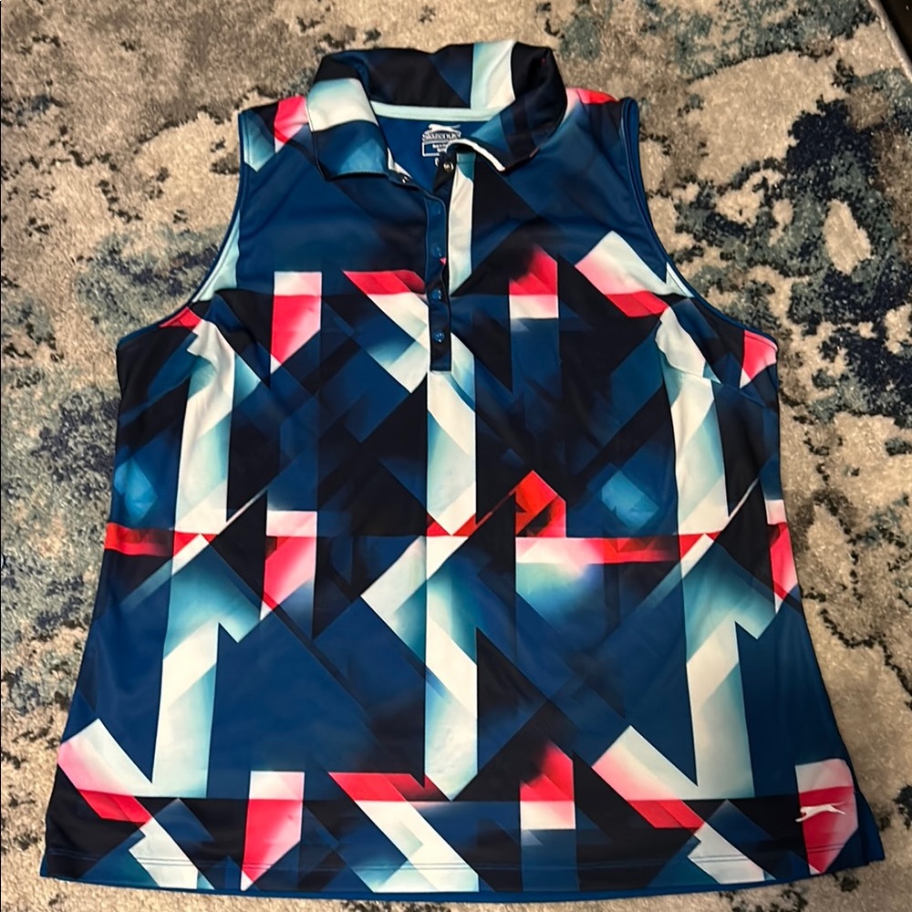 Chic Geometric Sleeveless Polo - Blue and Pink